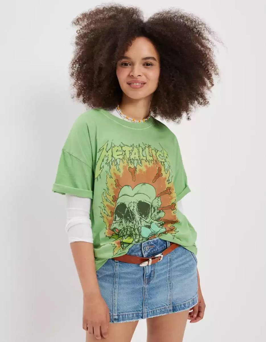 T Shirts American Eagle AE Oversized Metallica Graphique Tee Vert Femme | BUF-51880882